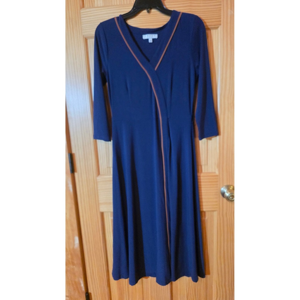 Chaus New York Navy Blue Faux Wrap Midi Dress Tan Piping 3/4 Sleeve Small